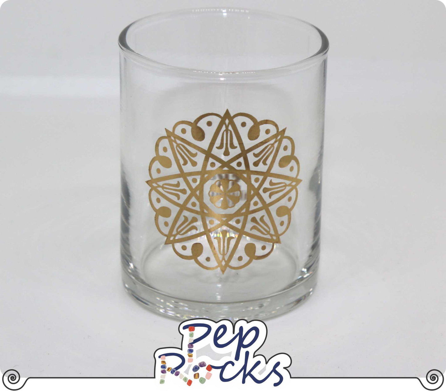 Gold silk screen votive candle holder - Damask Rose design.