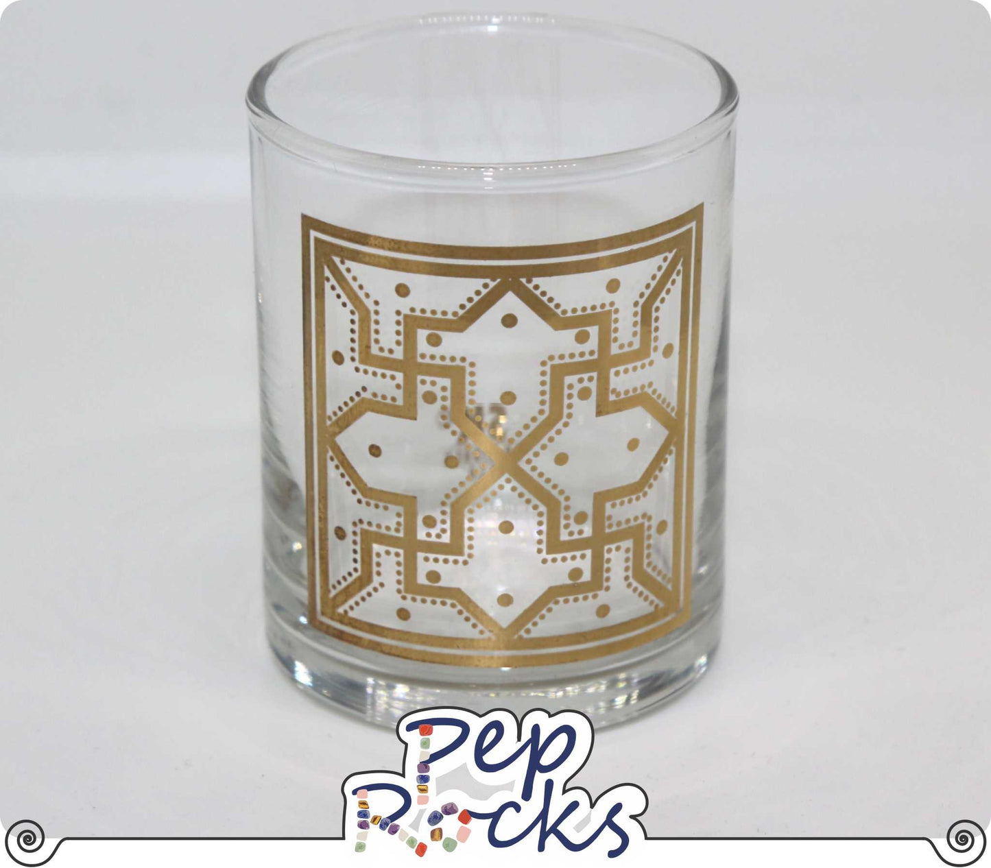 Gold silk screen votive candle holder - Geometric design.