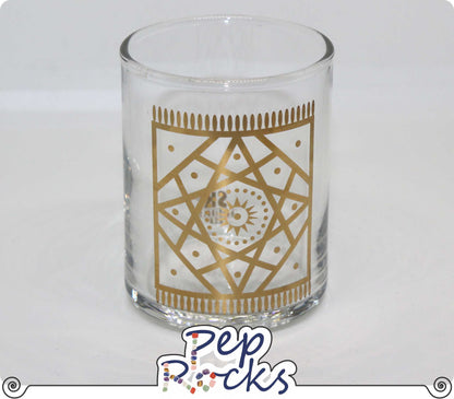Gold silk screen votive candle holder - Tapestry design.
